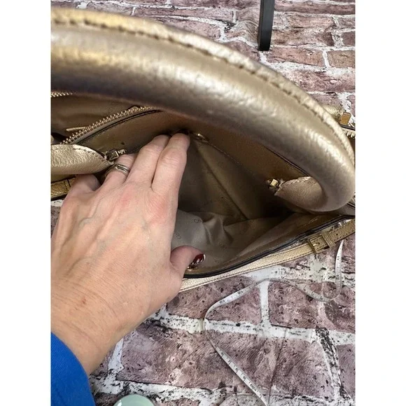 Calvin Klein Gold Metallic Pebbled Leather Satchel Crossbody Bag Convertible - Picture 16 of 16